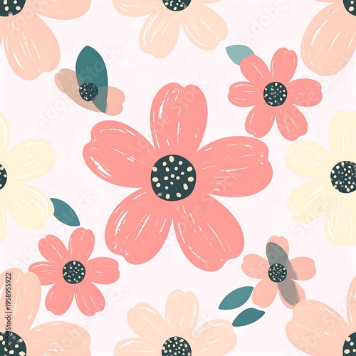 Floral Pattern with Pink Flowers and Green Leaves on White Background.