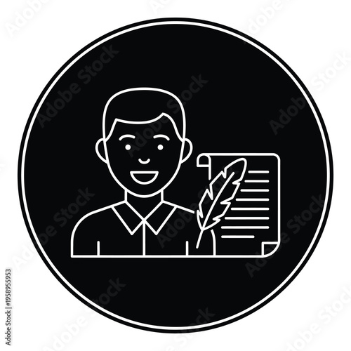 Line drawing of smiling man with feather pen and paper icon