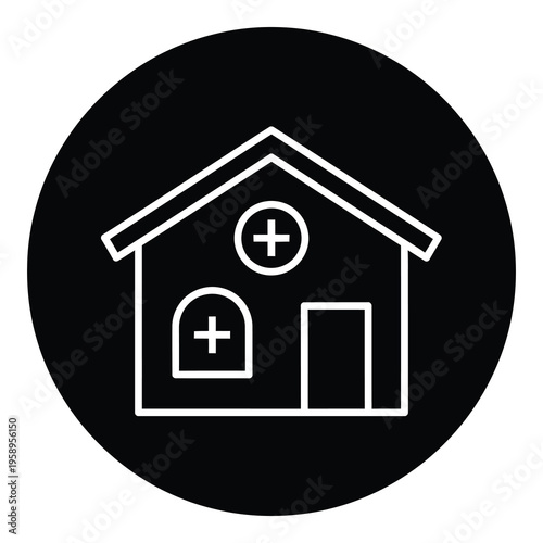 Medical healthcare house clinic icon with cross symbol on roof and window icon