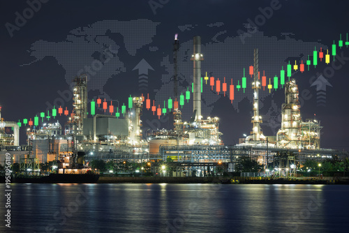 Oil refinery facility and transport ship operating in Bangkok, Thailand. Overlay of upward trending stock candlestick graph and global map across sky. Represents rising energy market prices.