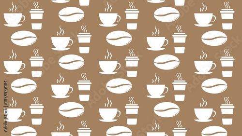 Minimalist coffee pattern with white icons on brown background, seamless espresso cup and bean wallpaper, cafe branding graphic resources