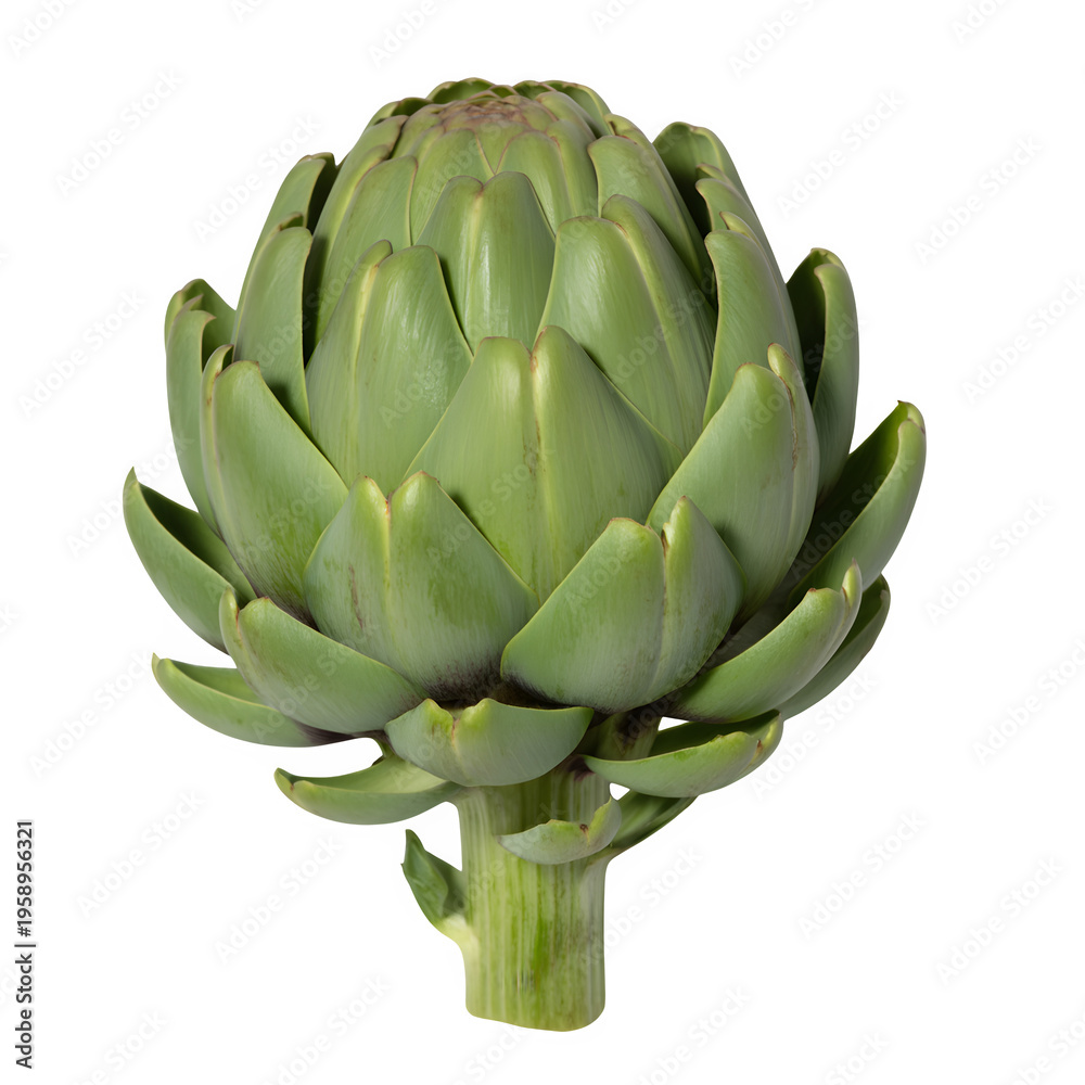 Fototapeta premium Fresh green artichoke with detailed leaves isolated on transparent background