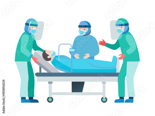 Specialized medical staff wearing full protective gear and face shields provide urgent care to a patient lying in a modern hospital bed.
