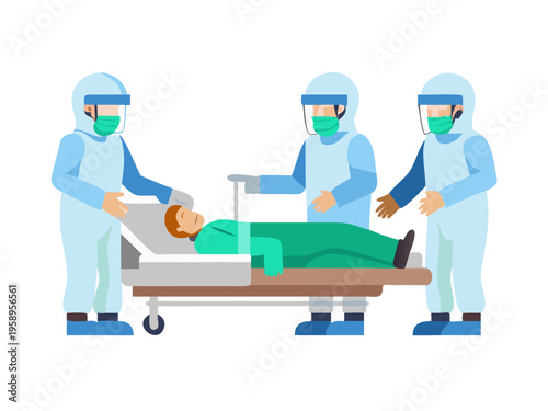 Specialized medical staff wearing full protective gear and face shields provide urgent care to a patient lying in a modern hospital bed.
