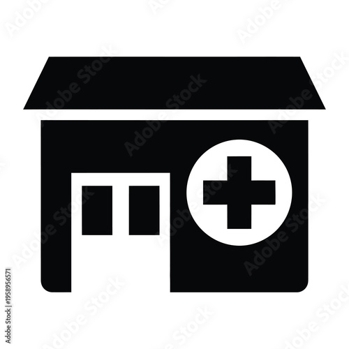 Simple black icon of a medical clinic or hospital building with a cross icon