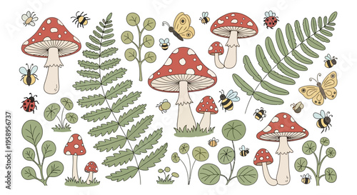 Whimsical Forest Elements with Mushrooms Ferns and Insects.