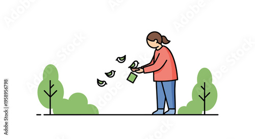 Woman feeding birds in a park with trees and bushes.