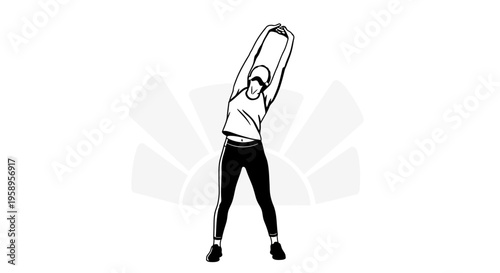 Woman stretching arms overhead in workout clothes.