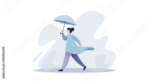 Woman walking with umbrella in windy weather illustration.