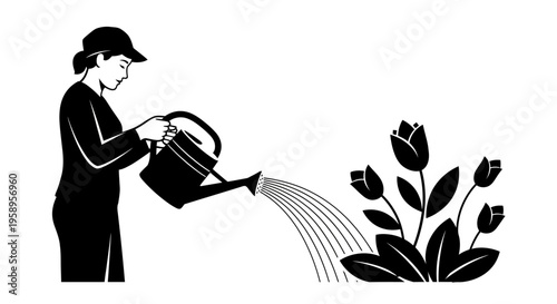 Woman watering flowers with a watering can.