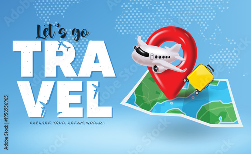 Let's Go Travel Banner With Location Pin Map And Airplane Vector Illustration