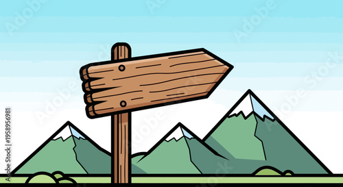 Wooden directional signpost in front of snow capped mountains.
