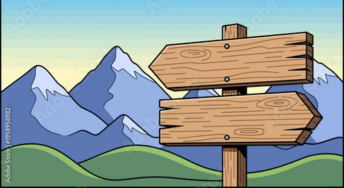 Wooden signpost pointing in two different directions with mountains in the background.