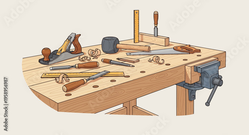 Woodworking tools laid out on a workbench with a vise.