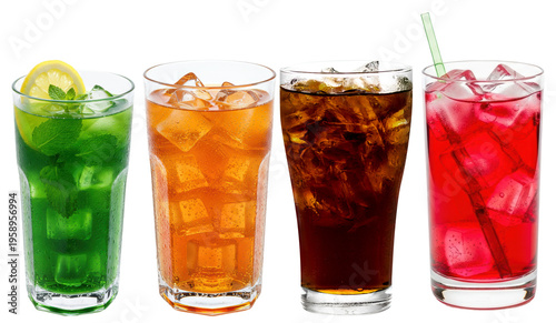 Refreshing iced soft drinks in various vibrant colors, a collection of cold beverages for summer.