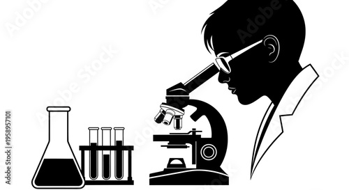 Young scientist looking through a microscope in a laboratory setting.