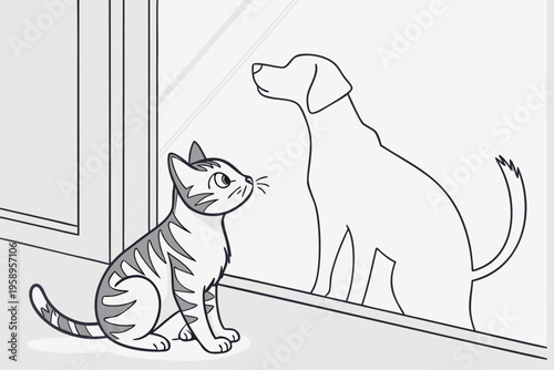 Cute tabby cat sitting on window sill looking at dog outside through glass, pet separation scene