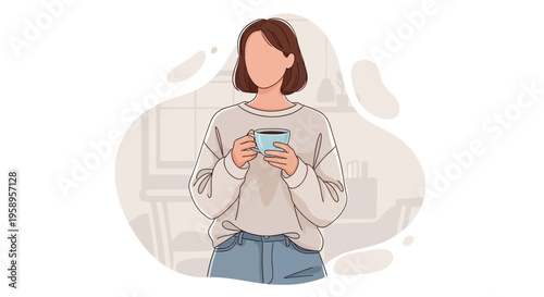 Young woman holding a cup of coffee or tea, enjoying a warm beverage.