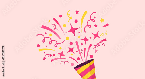 Exploding Party Popper with Confetti and Stars on Pink Background, Celebration Concept