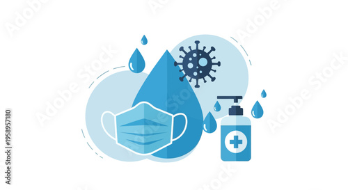 Face Mask, Hand Sanitizer, Virus, Water Drops: COVID-19 Prevention Concept