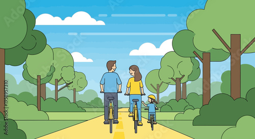 Family cycling on a sunny day through a park with trees and blue sky