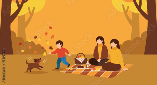 Family enjoying autumn picnic with dog in park, falling leaves, warm colors