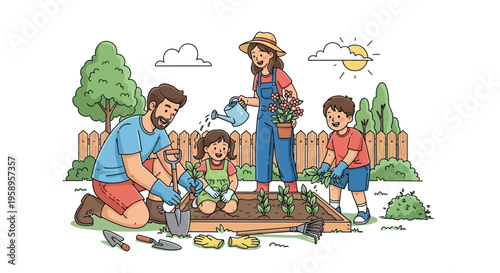 Family Gardening Together: Parents and Kids Planting Flowers in Backyard Garden