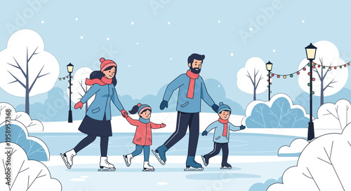 Family Ice Skating Together in a Snowy Park on a Winter Day