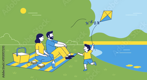 Family picnic by the lake, flying a kite, enjoying a sunny day outdoors