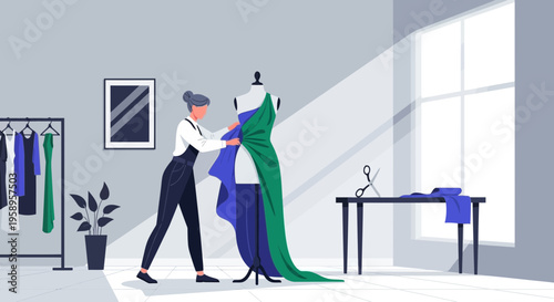 Fashion designer creating a dress on a mannequin in a bright studio