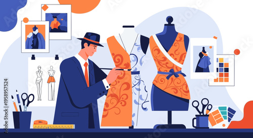 Fashion designer creating dress on mannequin, sketches and fabric samples on table