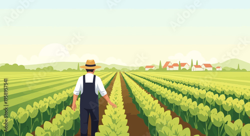 Farmer walking through lush green rows of crops in a sunlit field, rural landscape