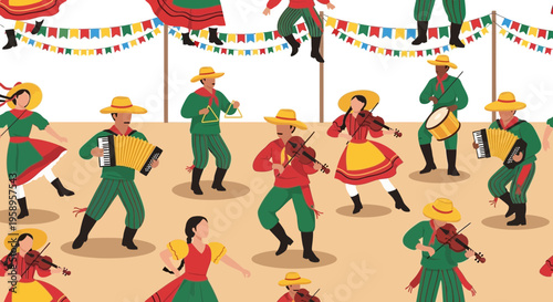 Festa Junina: People dancing and playing music in traditional costumes