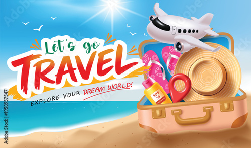 Let's Go Travel Banner With Airplane And Open Suitcase On Tropical Beach Vector Illustration