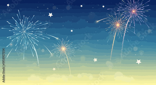 Festive Fireworks Display Over Starry Night Sky and Clouds