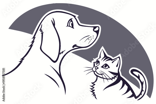 Dog and cat profile line art illustration on circular background for pet care services