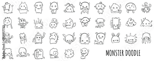 Hand drawn cute monster doodle vector set. Black and white line art collection of funny alien creatures and unique characters for children design.