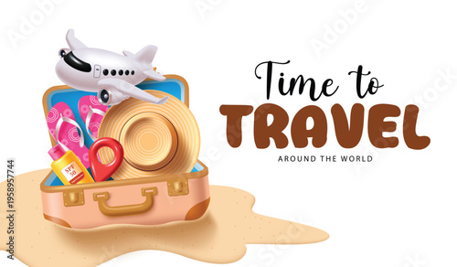 Time To Travel Banner With Open Suitcase And Summer Accessories Vector Illustration