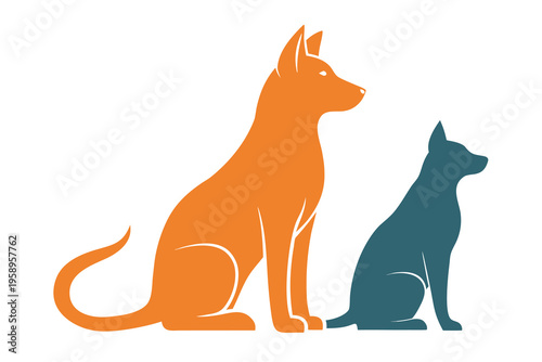 Two dog silhouettes in shades of orange and teal sitting elegantly on a white background side profile