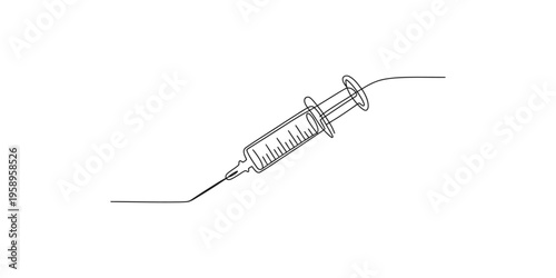 Continuous line drawing of a medical syringe with needle injection medicine healthcare vaccination vaccines injections