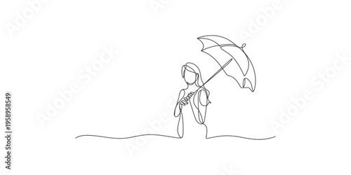 Woman standing with an umbrella on a beach on a windy day line art drawing