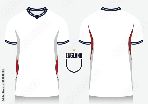 Soccer jersey or football kit template design for England national football team. Soccer shirt icon for football world tournament in 2026. Front and back view soccer jersey mockup. 