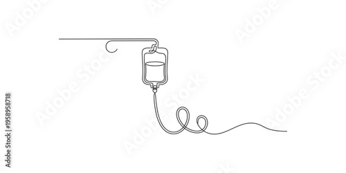 Continuous line drawing of an intravenous drip with a fluid bag and tube infusion medical