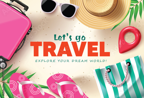 Let's Go Travel Banner With Pink Suitcase And Summer Accessories Vector Illustration
