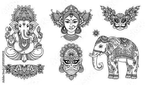 Ornamental Indian symbols set with Ganesha woman elephant and mask intricate traditional vector illustration