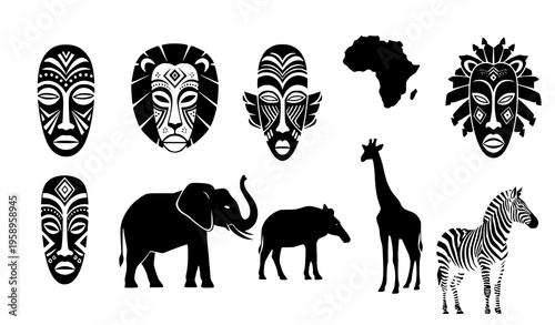 African masks and animals set with tribal patterns lion elephant giraffe zebra vector illustration collection