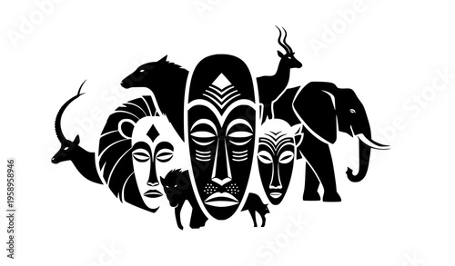 Bold African tribal masks with wildlife silhouettes dynamic cultural vector design for posters and branding