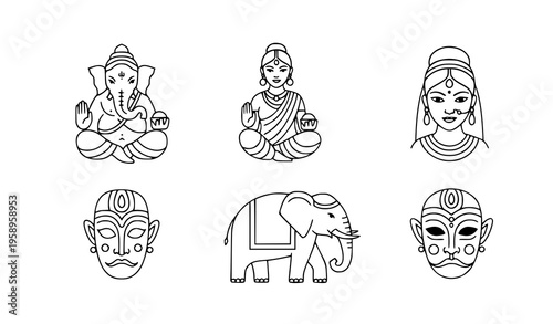 Minimal Indian ornamental icons set with Ganesha woman elephant and mask clean line vector illustration
