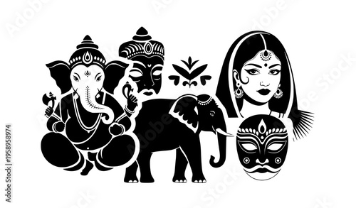 Modern Indian cultural silhouettes with Ganesha woman elephant and mask bold ornamental vector design