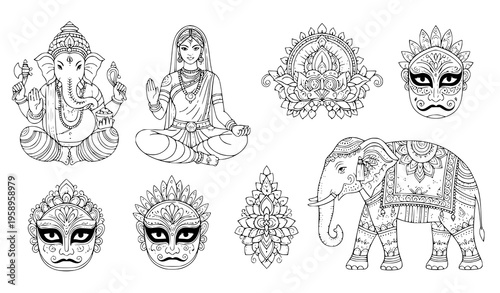 Ornamental Indian elements set with Ganesha woman elephant and mask intricate traditional vector illustration